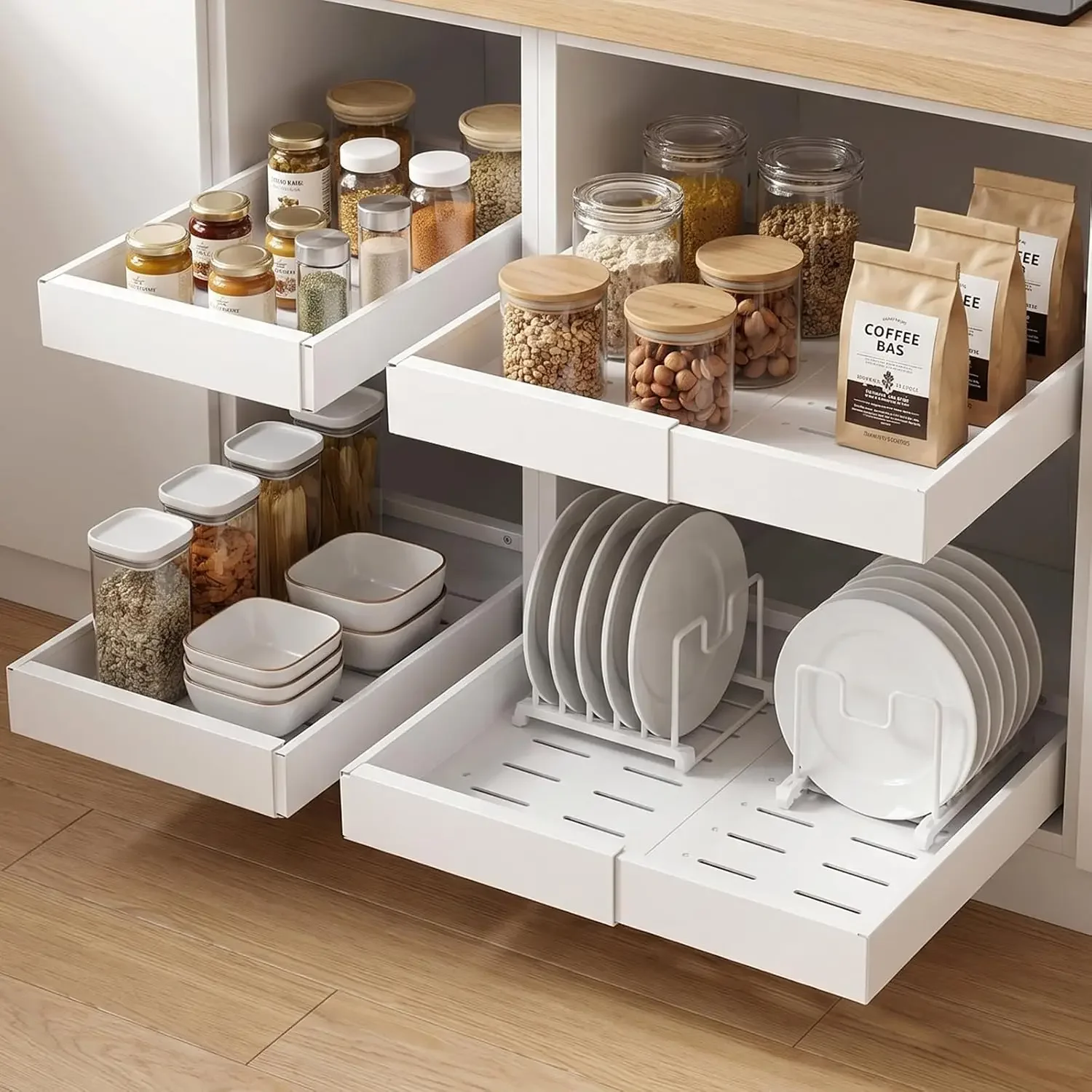 4 Pack Pull Out Cabinet Organizers Expandable Width (12.4''-20.27''), Upgrade 3 Slide Rails Sliding Drawer for Kitchen Cabinet