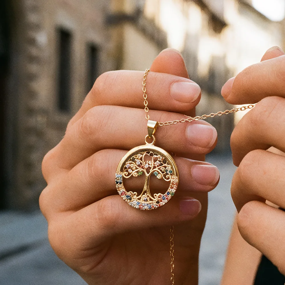 Chinese Style Lucky Blessing 18k Gold Plated Copper Inlaid Colorful Zircon Tree Of Life Pendant Necklace For Women Fortune Trans
