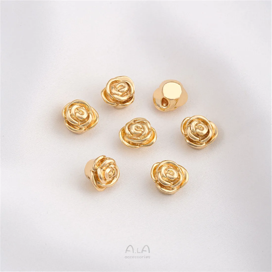 14K Gold-coated Three-dimensional Rose Beads Through-hole Flower Beaded Jewelry Loose Beads Diy Pearl Hand-made Accessories