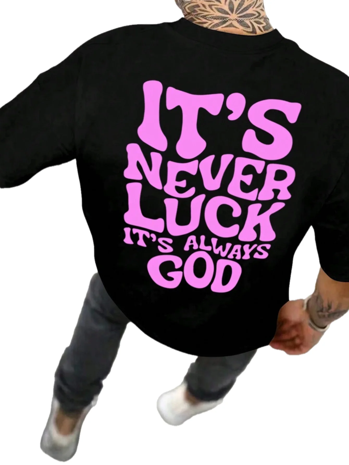 It's Never Luck, It's God Phrase Print Men's Summer Short Sleeve Round Neck Casual T-Shirt Men's