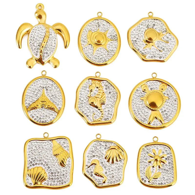 

2pcs Stainless Steel Inlay White Rhinestone Ocean Tortoise Seahorse Charm for Women DIY Necklace Earring Jewelry Making Supplies