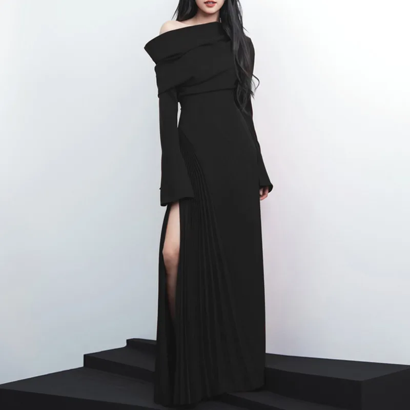 QMQA Fashion Women\'s Designer Dress Slash Neck Long Sleeve Pleated Slit High Waist Elegant Dresses 2025 Female Clothing 1A977