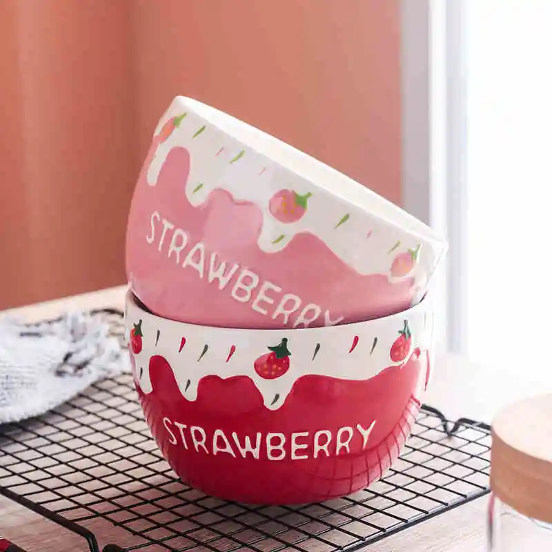6 Inch, Embossed Porcelain Candy Bowl, Strawberry Design, Ceramic Ice Cream Relief Cute Bowl for Kids, Dinner Chinese