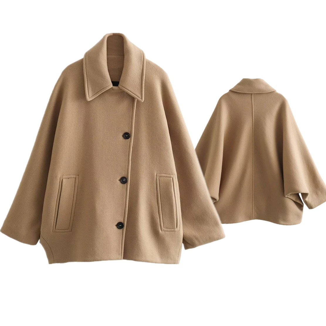 

Jenny&Dave Vintage Bat Sleeve Woolen Twill Khaki Jacket Winter Coat Women British Cloak Coat Fashion Women's