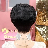 Short Wavy Curly Pixie Cut Full Machine Made Human Hair Wigs With Bang For Black Women Remy Brazilian Hair Pixie Cut Wig 4