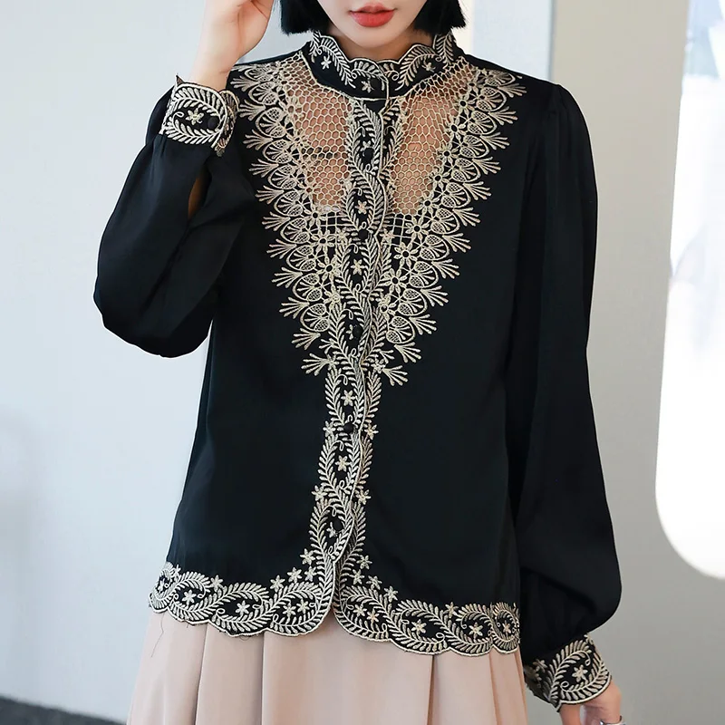 Chinese Style Women's Shirt Embroidery Imitation Silk Hollow Stand-up Collar Loose Top Fashion Temperament Women's Clothing