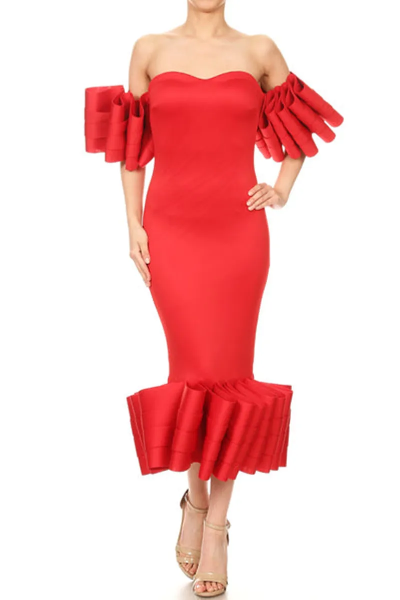 Feminino curto vermelho cetim vestido de noite, elegante, babados, bainha, querida, comprimento chá, baile, mãe da noiva