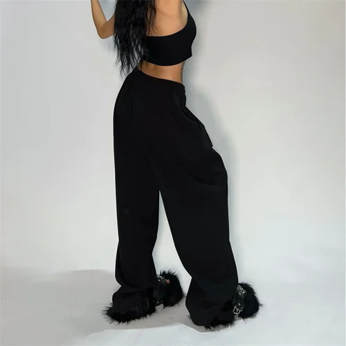 Imagen 2 del producto Pantalones de chándal holgados lisos para mujer, pantalón Retro americano Y2K de pierna ancha, pantalones holgados para correr, pantalones de gran tamaño de Hip Hop, ropa de calle