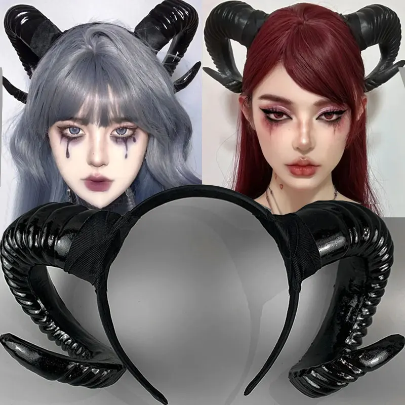 Черный головной убор с рогом демона, готический Хэллоуин, животное, овца, дьявол, повязка на голову для косплея, унисекс, обруч для волос с козьим рогом