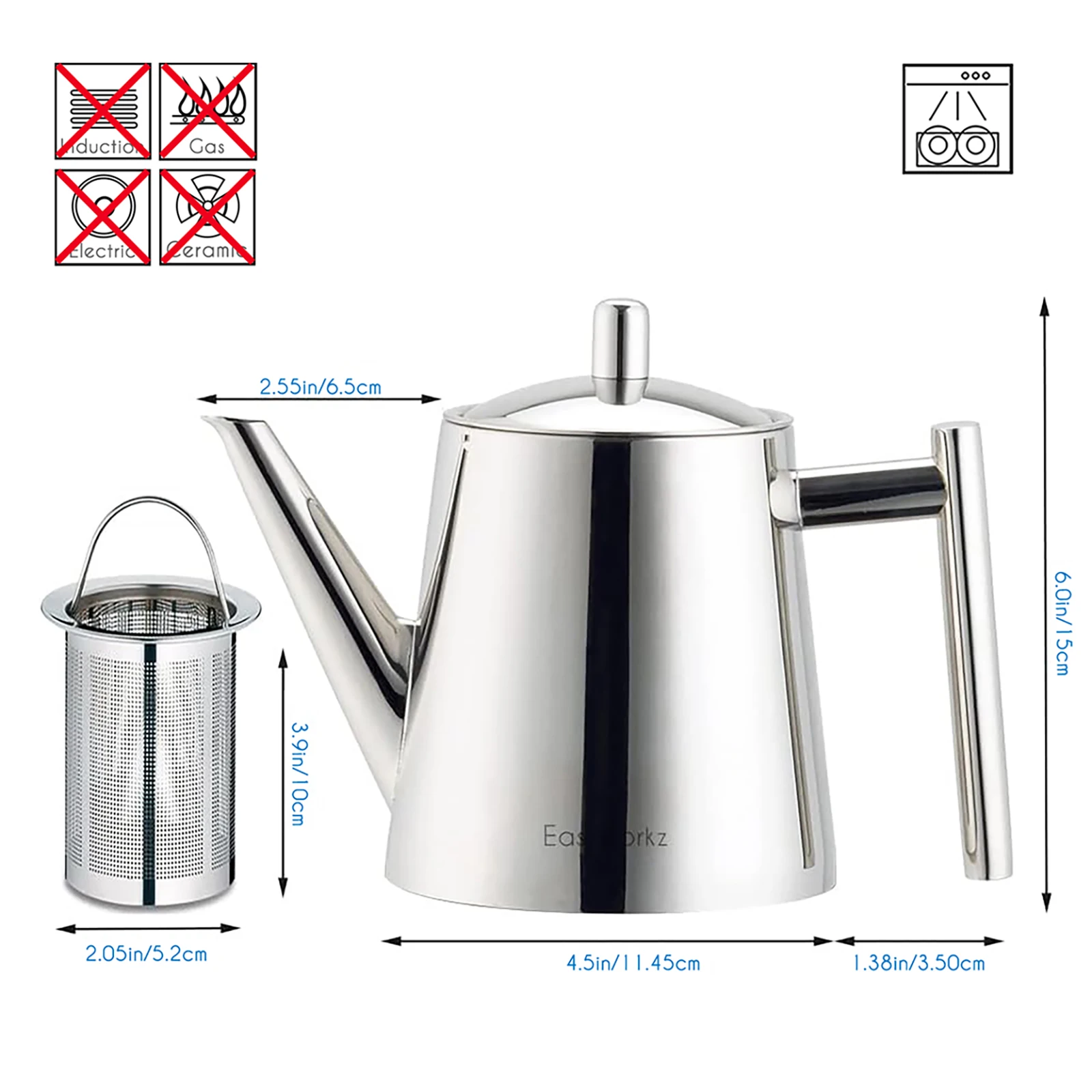 Easyworkz Stainless Steel Tea Pot with Removable Tea Infuser, Perfect for Brewing Your Favorite Tea, Chrome