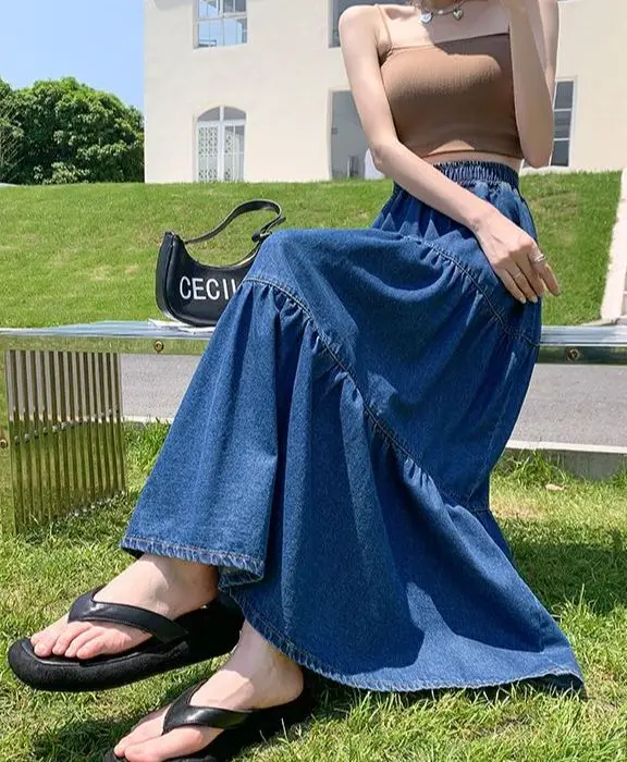 Imagem -03 - Saia Jeans de Cintura Alta Elástica Feminina Saia de Envoltório Longo Tamanho Grande Roupa Coreana Casual Nova Primavera Outono 2023