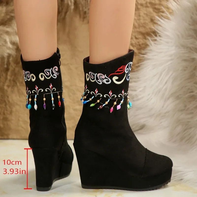 Wedges Shoes for Women 2024 New Ethnic Style Embroidery Design Women's Suede Boots Super High Heel Winter Womes Shoes Zapatos