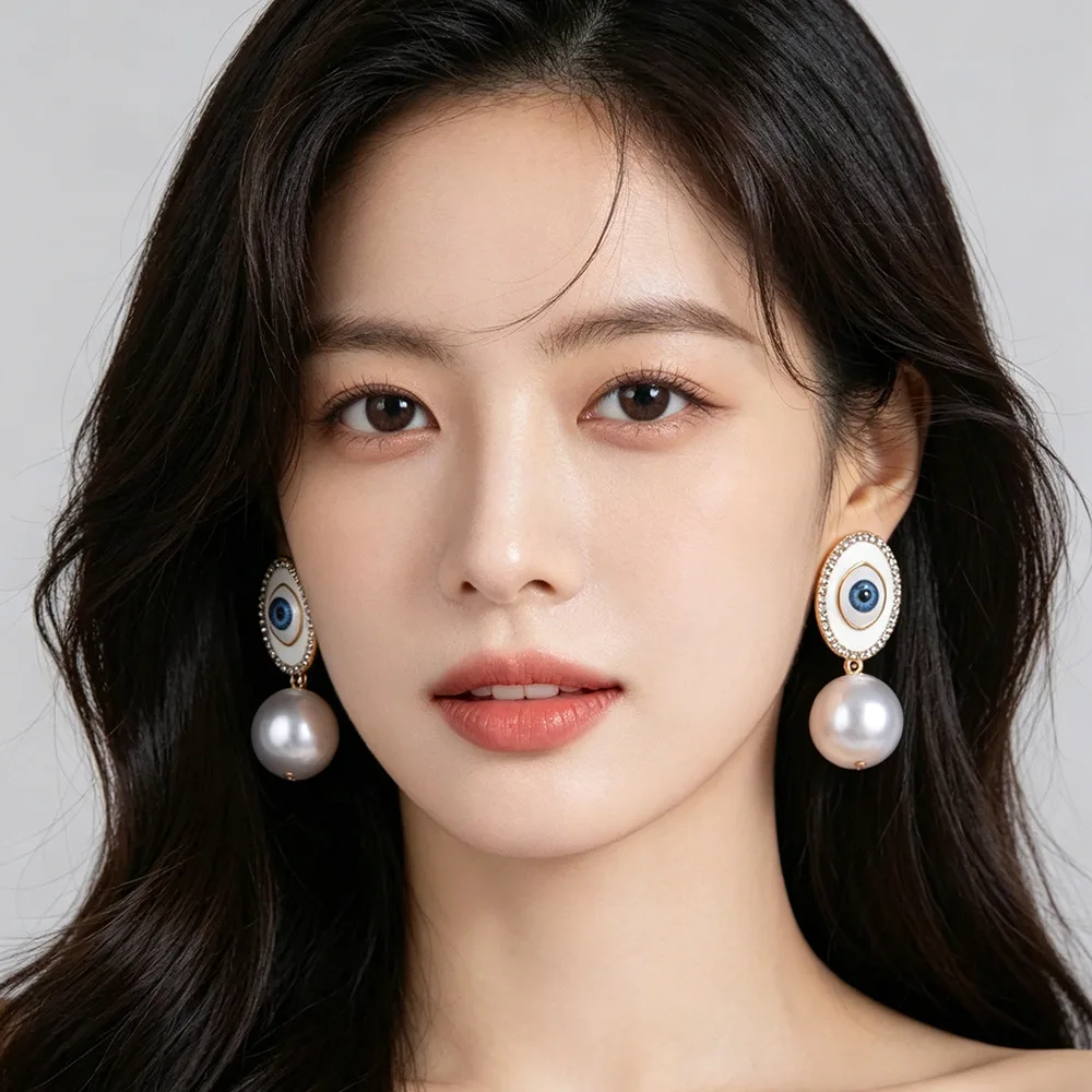 Cross-border new earrings, court style diamond-set oil drop earrings, colorful enamel eyes, pearl pendant earrings.