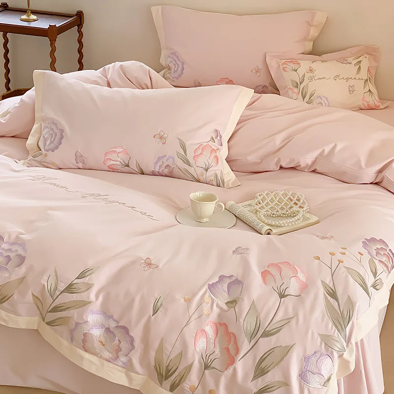 Thickened Cotton Matte Four Piece Set with Rural Flower Embroidery Quilt Cover, 1.8m 1.5m Warm Bedding