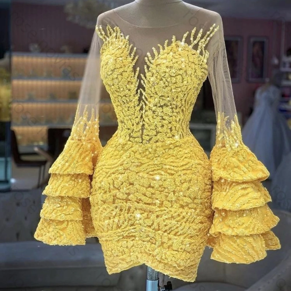 Customized 2026 Hot Sale Yellow Formal Dress Sheer Mesh Rhinestone Beaded Flare Sleeve Bodycon Mini Gown Women Party