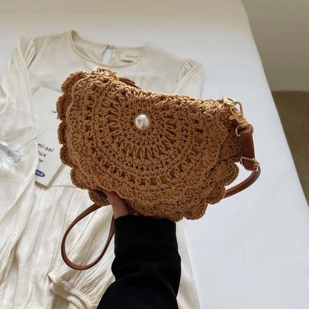 زهرة حافة خيط القطن حقيبة من القماش الرجعية سعة كبيرة القش Crossbody الحقيبة خفيفة الوزن تنفس الصيف الشاطئ الوجه الحقيبة