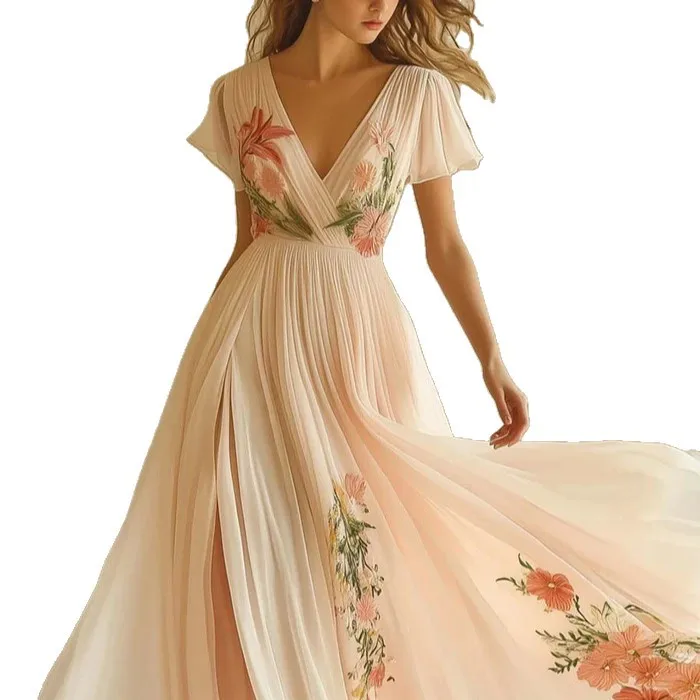 2026 Women's Clothing, Amazon, Independent Station V-neck, Short Sleeves, Digital Printing, Positioning, Dress, Long Dress