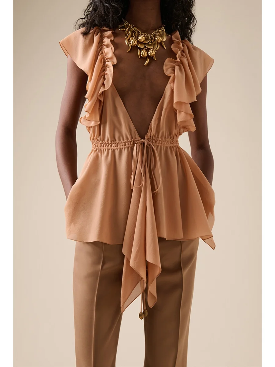 

Новая летняя женская блузка Petrarchan: сексуальный асимметричный топ с V-образным вырезом, кружевной отделкой и воротником, модная модель