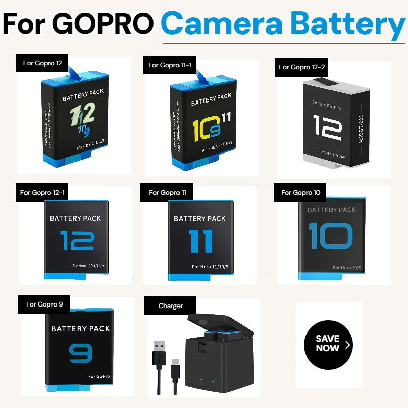 

2000mAh High Capacity Li-ion Rechargeable Battery Pack with Fast Charger for GoPro Hero 9 10 11 12 Action Camera Accessories