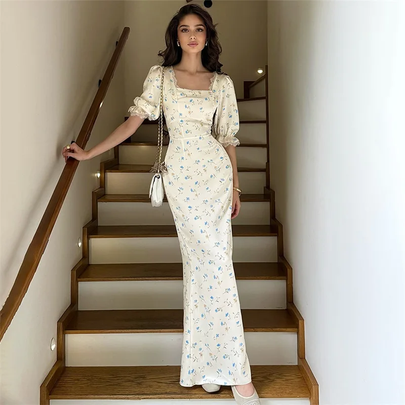 

Square Collar Printing Half Sleeve Women's Evening Dress Satin Sheath Bandage Gown White Slim Party Skirt New Arrival In Stock