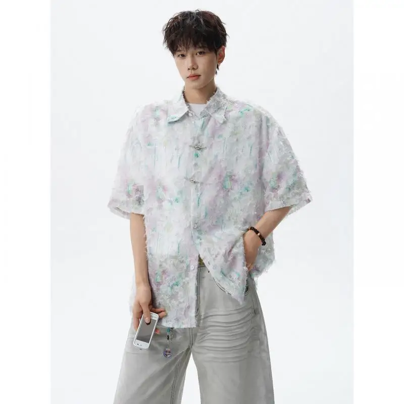 Men's Distressed Jacquard Short Sleeve Shirt Vintage Washed Floral Pattern Loose Fit Streetwear Top Button Down Oversized Shirts
