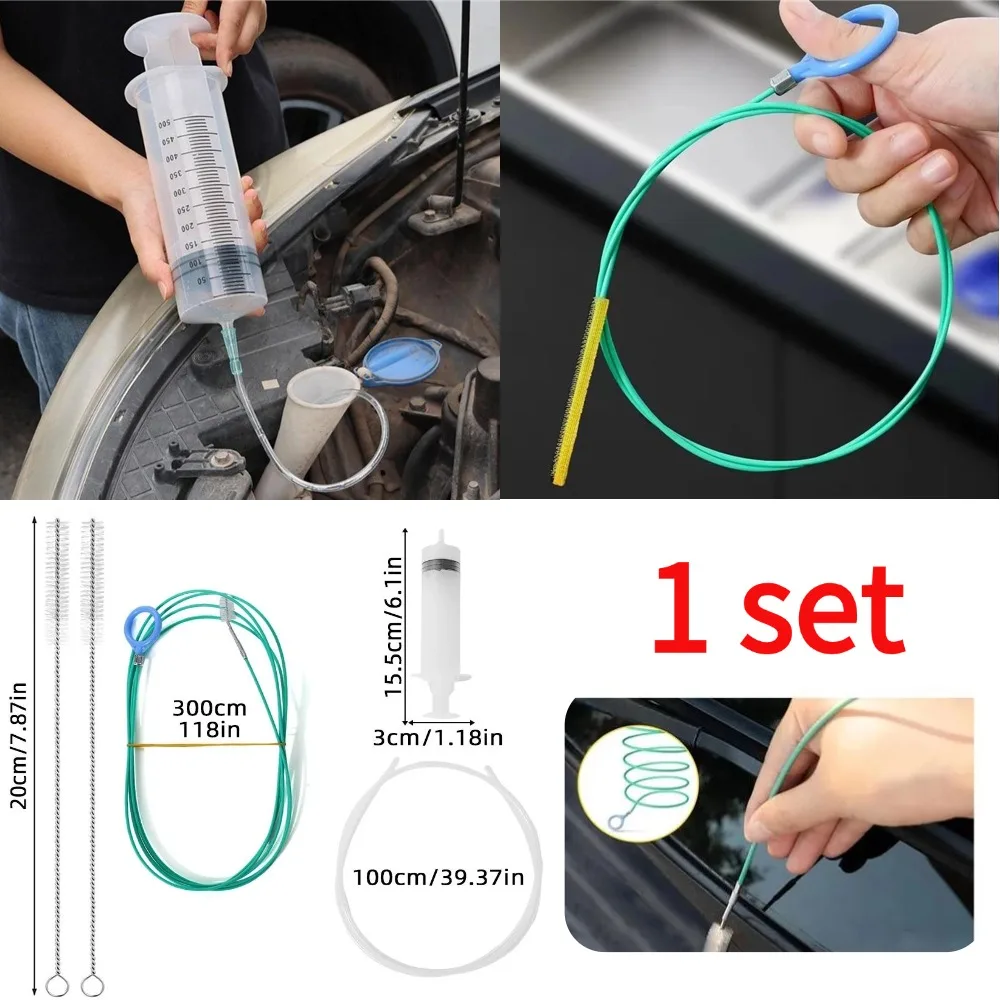 1 Conjunto de Escova de Limpeza para Desentupimento de Esgotos Automotivos e Bomba de Óleo com Seringas e Mangueira, Kits Universais de Limpeza de Drenos de Teto Solar Automotivo, Escova para Desentupir Furos