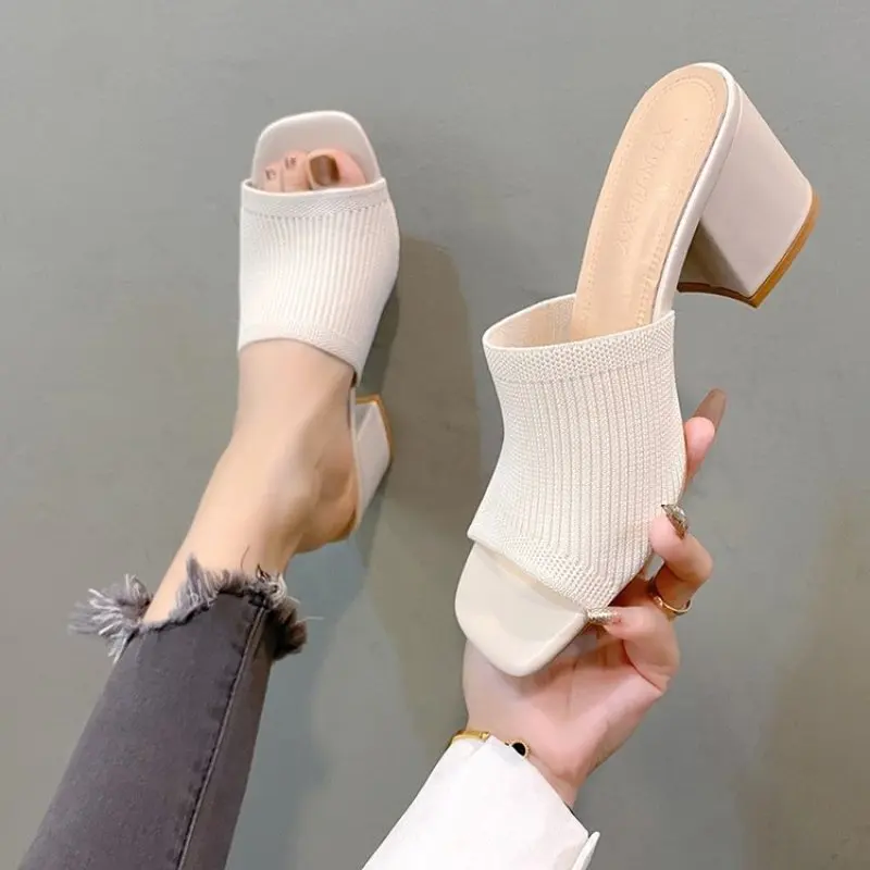 

2024 Plus Size 35-41 Square High Heels Women Slippers Cozy Knitted Stretch Fabric Wide Band Open Toe Shoes Ladies Summer Sandals