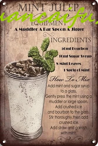 CN-Tin Sign Drinks Mint Julep Cocktail Recipe Metal Tin Sign, Metal Wall Signs Tin Plaques 8 X 12 Or 12 X 16 Inch Bar Kitchen Ho