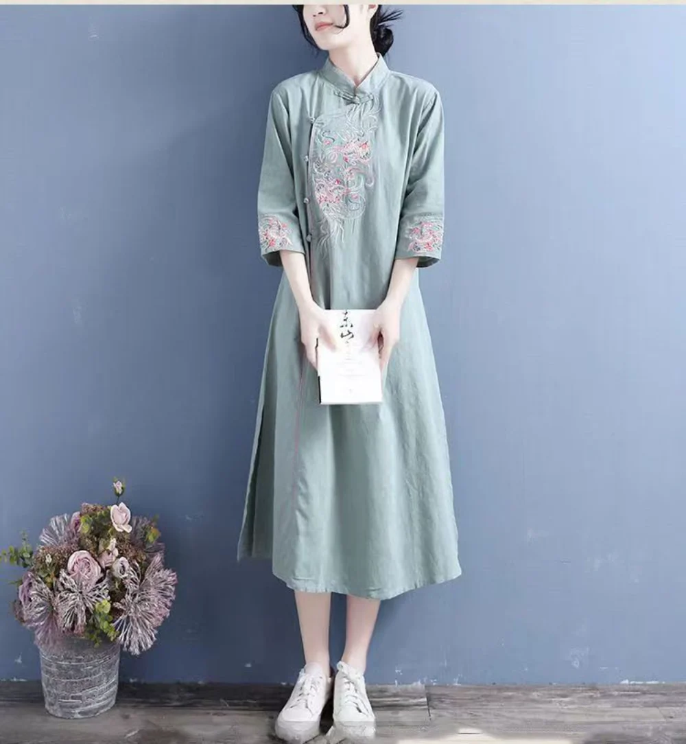 2023 Daily Cheongsam Girl Spring Summer New Small Fresh Cotton And Linen Long Female Slim Embroidery Qipao Natural Real Women