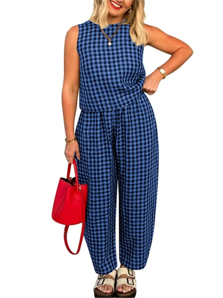 

Retro Plaid Pants Two-piece Set For Women's Clothing New Solid Color Loose Casual Sleeveless Round Neck Vest Pants Set