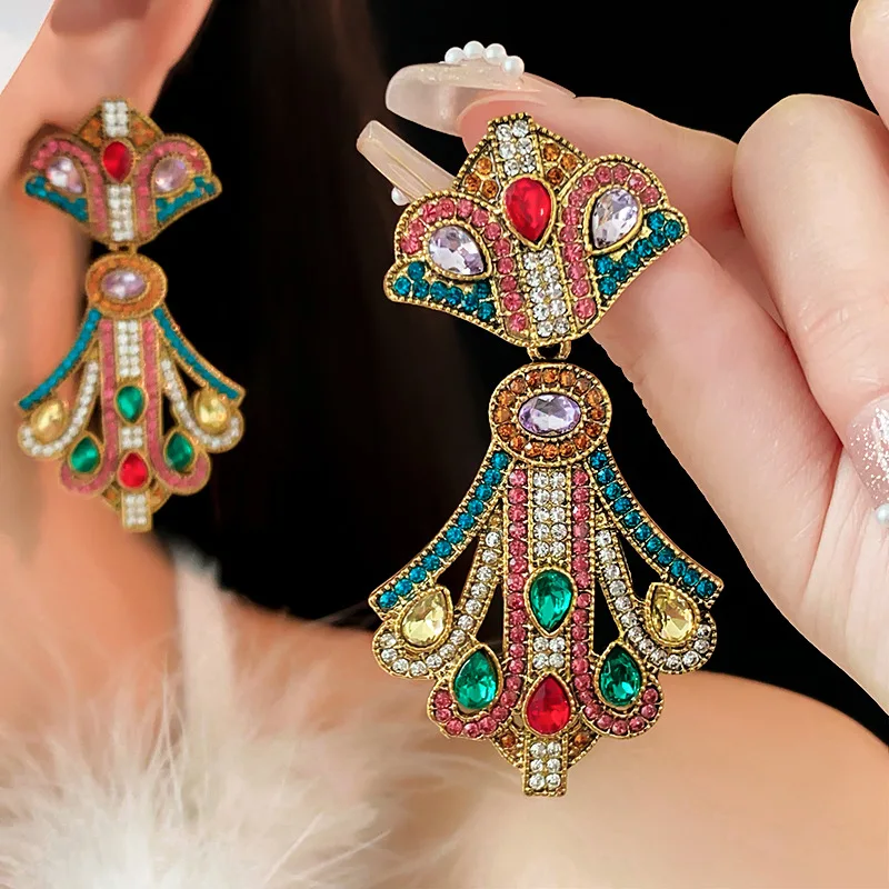 Vintage Inlaid Rhinestone Earrings for Women Colorful Shaped Water Drop Dangle Earring Fashion Wedding Jewelry Gift