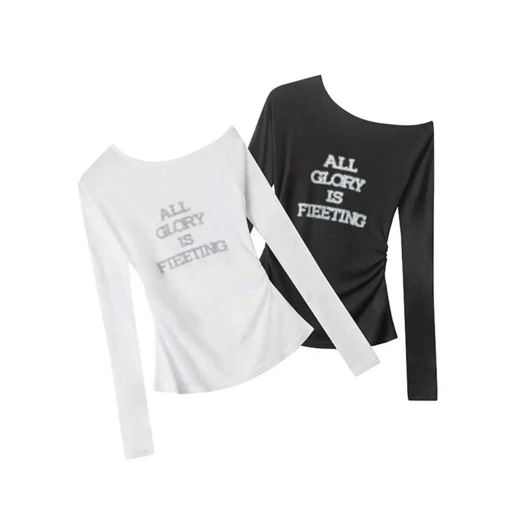 

HeyHenry женская футболка с открытыми плечами и длинными рукавами, облегающий топ с буквенным принтом, плиссированный дизайн в европейском и американском стиле