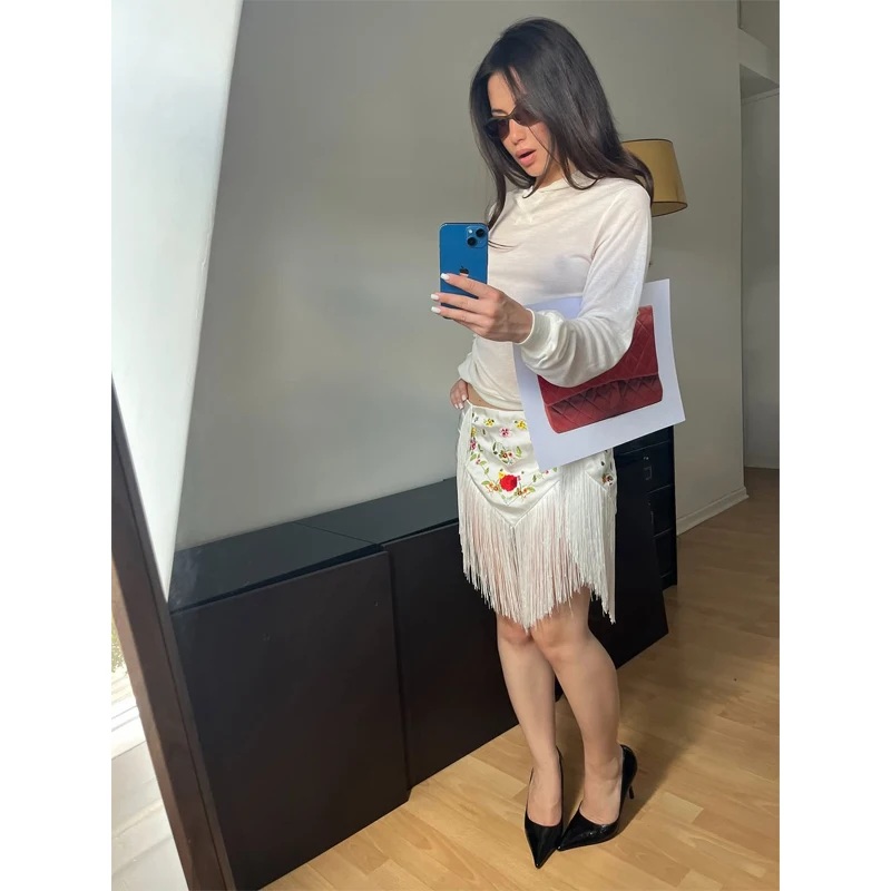 Women's Peach Fringe Bodycon Skirts Women Sexy V-shape Gold Fringe Slim Fit Midi Skirt 2026 Summer Beach Vacation Outfit New 42 S25ed0a408f10447e8b19635781555d34X