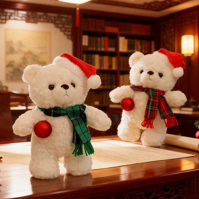 25cm Christmas White Bear With Scarf Red Hat Ball Cute Soft Plush Doll Lovely Festival Gifts