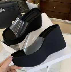 Summers Chunky Women Slippers Fashion Elegant PVC Transparent Platform Wedges Heel Slides Ladies Casual Outdoor Beach Sandalias