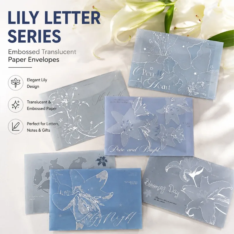 Silver‑Hot‑Stamped Tracing‑Paper Envelope Lily‑Inspired Stationery‑Set Artistic Floral‑Motif Message Note‑Sheet Decorative