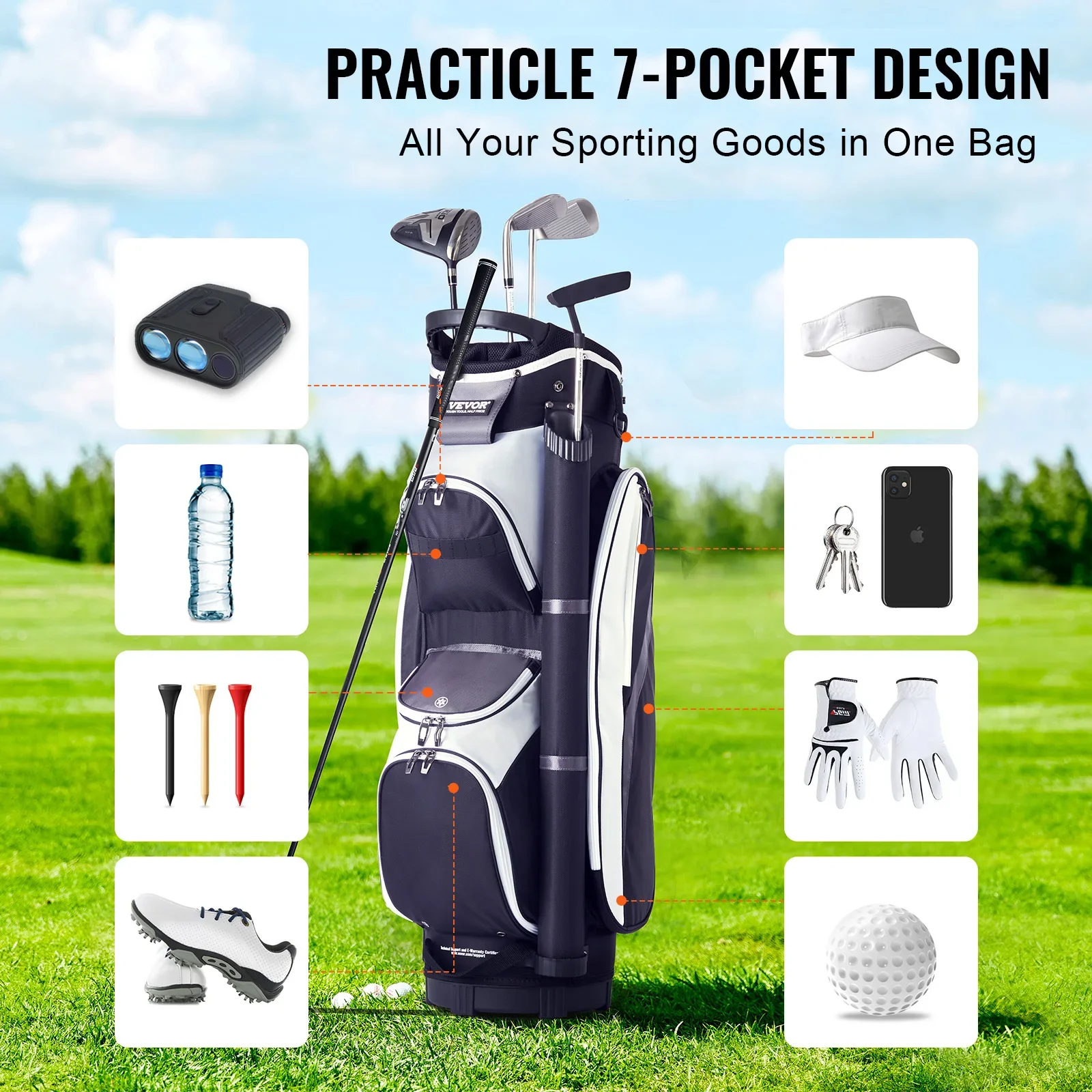 Golf Cart Bag 36”Multiple Pockets Premium Nylon Cart Bag Durable Golf Bags For Men Women Black Color-Block 5.7lbs/2.6kg