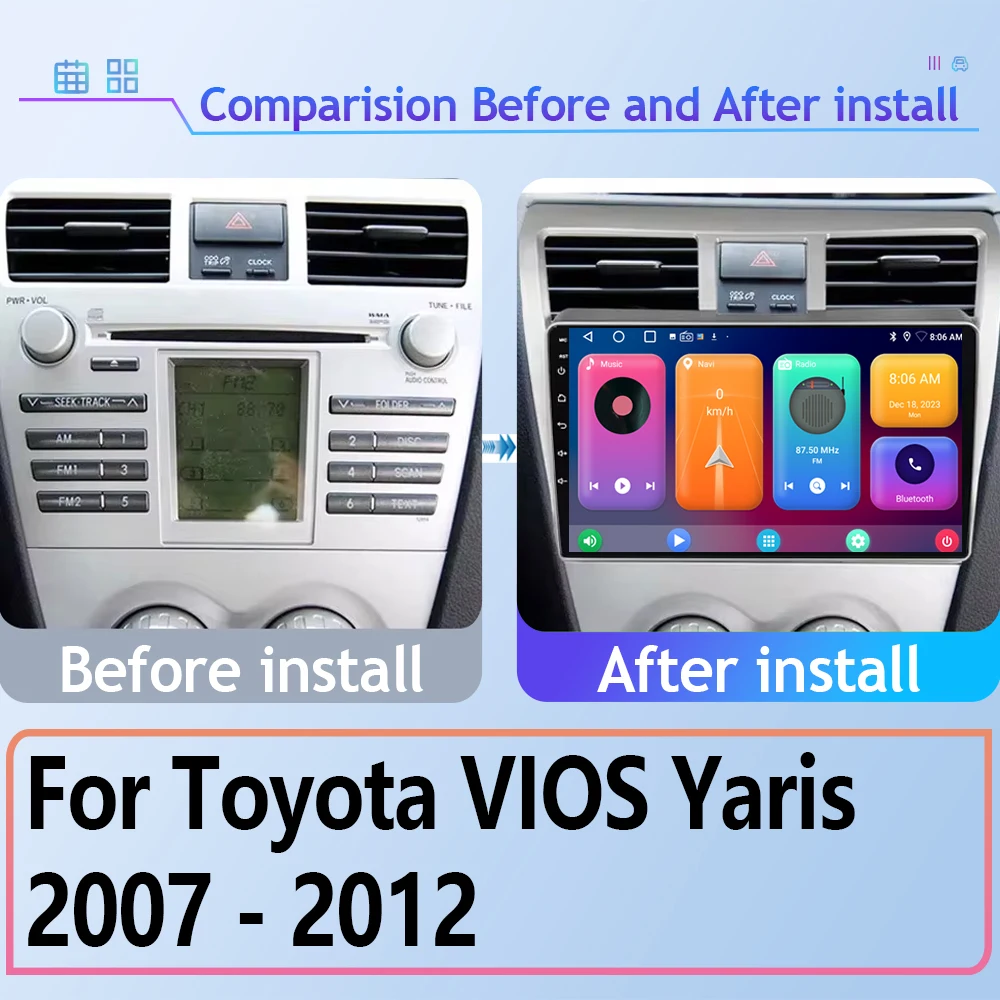 Car Screen Stereo Intelligent System For Toyota VIOS Yaris 2007 2008 2009 2010 - 2012 Auto Radio GPS Android Auto BT WiFi QLED