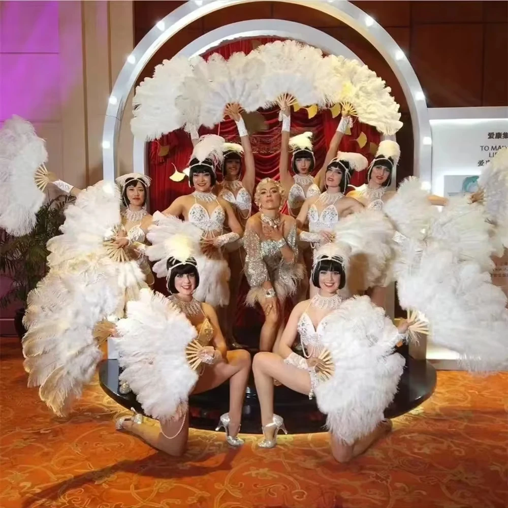 Handheld Big White Ostrich Feather Fan 100CM 130CM Feathers for Carnival Stage Performance Belly Dance 13 Bone Crafts Fan view 6
