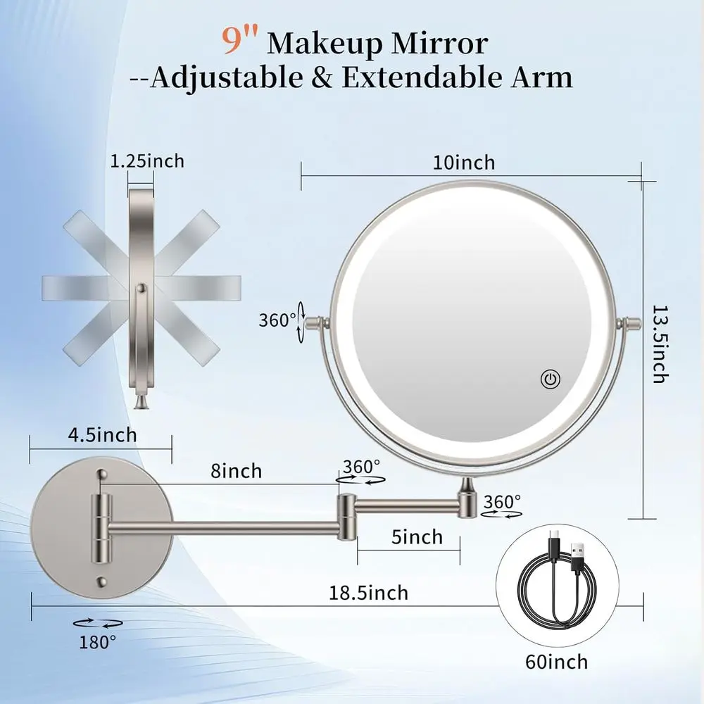 مرآة مكياج مضيئة على الحائط مقاس 30X/1X مع 360 درجة ° ذراع دوار، يعتم باللمس، وبطارية 4500 مللي أمبير، لمسة نهائية من النيكل #4