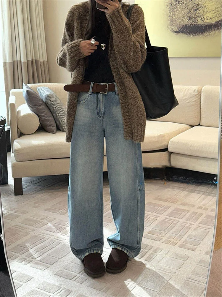 

Светло-голубые широкие джинсы с высокой талией на подкладке, женские зимние повседневные свободные утягивающие брюки длиной до пола