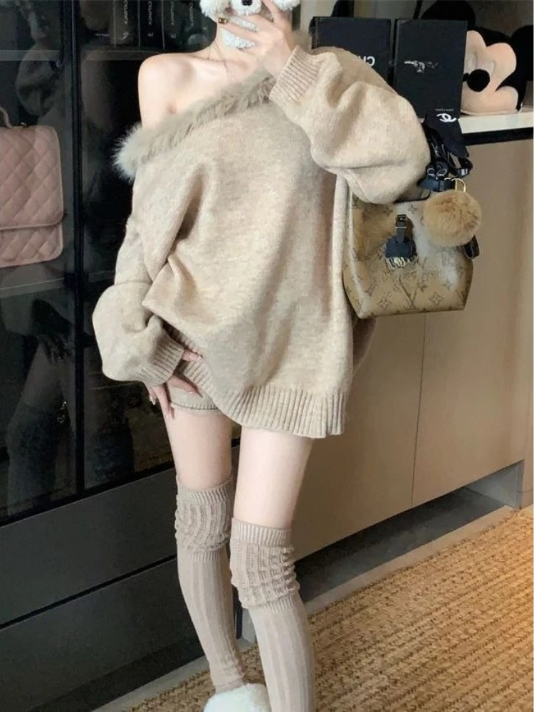 Y2K Hot Sweet American Vintage Loose Subculture Sweatshirts 2000s Harajuku Sexy Casual Korean Fur Collar Patchwork Pullover Chic