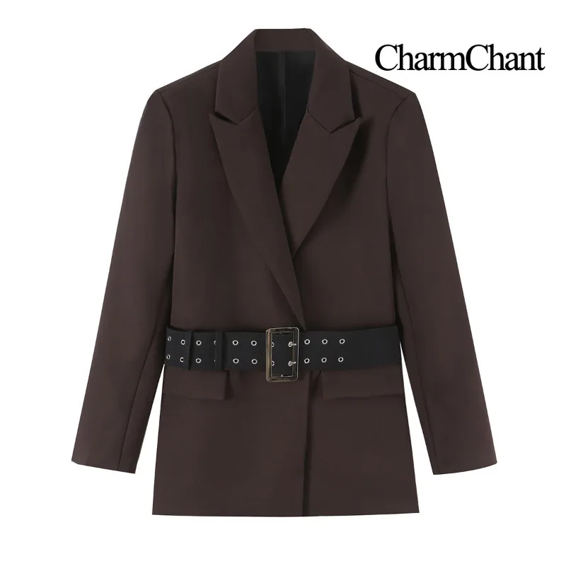 CHARMCHANT Women's Tailored Blazer Belted Wide Belt Metal Buckle Notched Lapel Long Sleeve Fashion Outerwear Autumn Winter 2026
