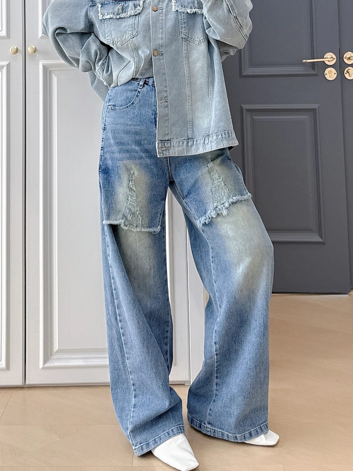 

American Retro plus Size Women's Casual Pants High Waist Jeans Hemmed Trendy Versatile Large Size Ladies' Straight Leg Jeans