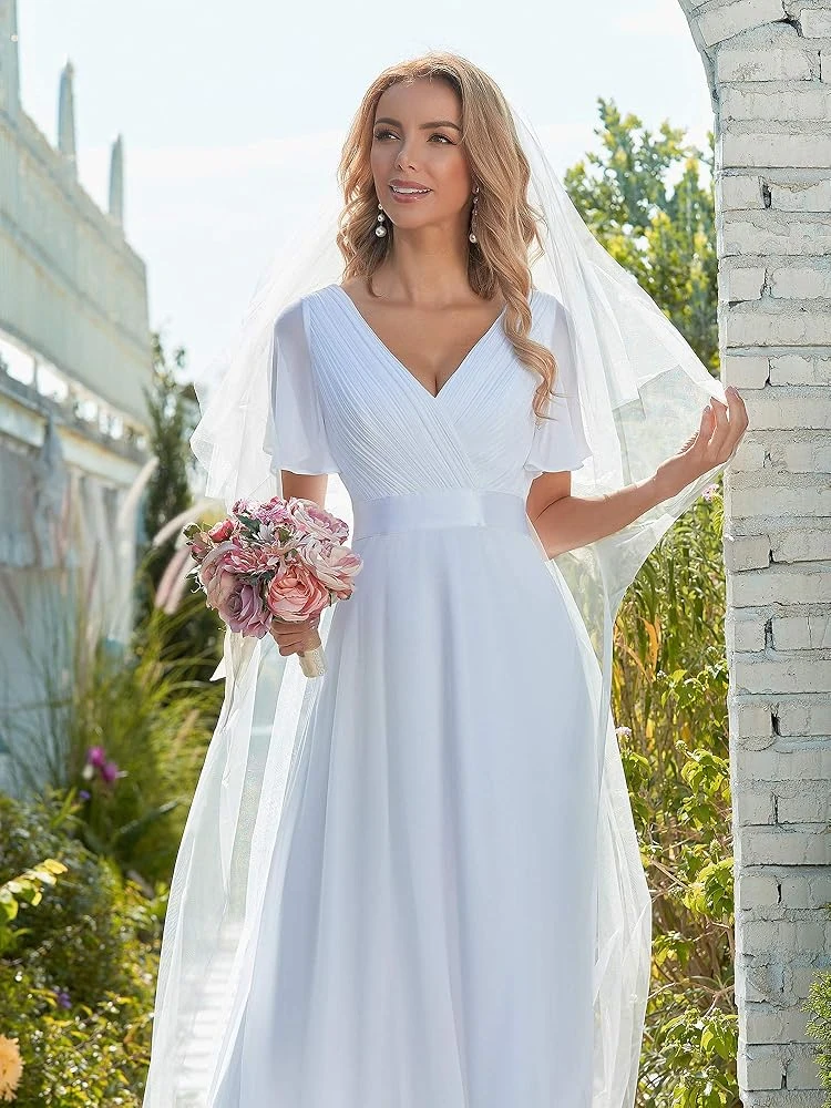 Elegant Women's White Dress Sexy V-Neck Backless Sheer Tulle Short Sleeve Bridal Wedding Dresses A-Line Long Summer Party Gowns