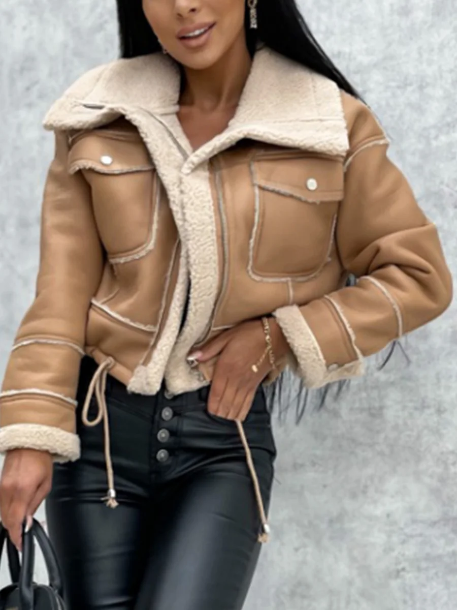 Women Faux Fur Leather Jacket Faux Fur Open Front Casual Furry Collar Short Parka Coat Warm Cardigan with Belt