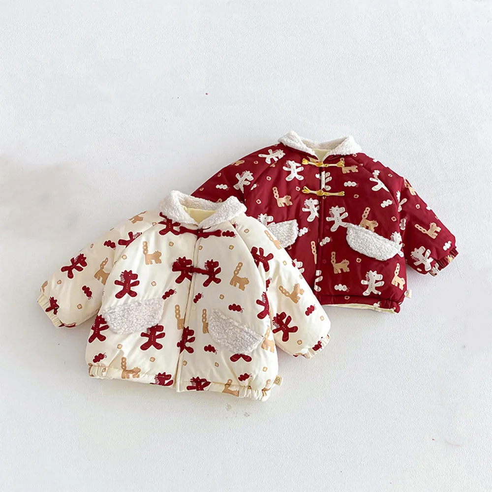 عيد الميلاد الفتيات معاطف الشتاء مبطن الصوف الدافئة الأطفال ملابس خارجية الملابس الصينية التقليدية السنة الجديدة طفل رضيع السترات