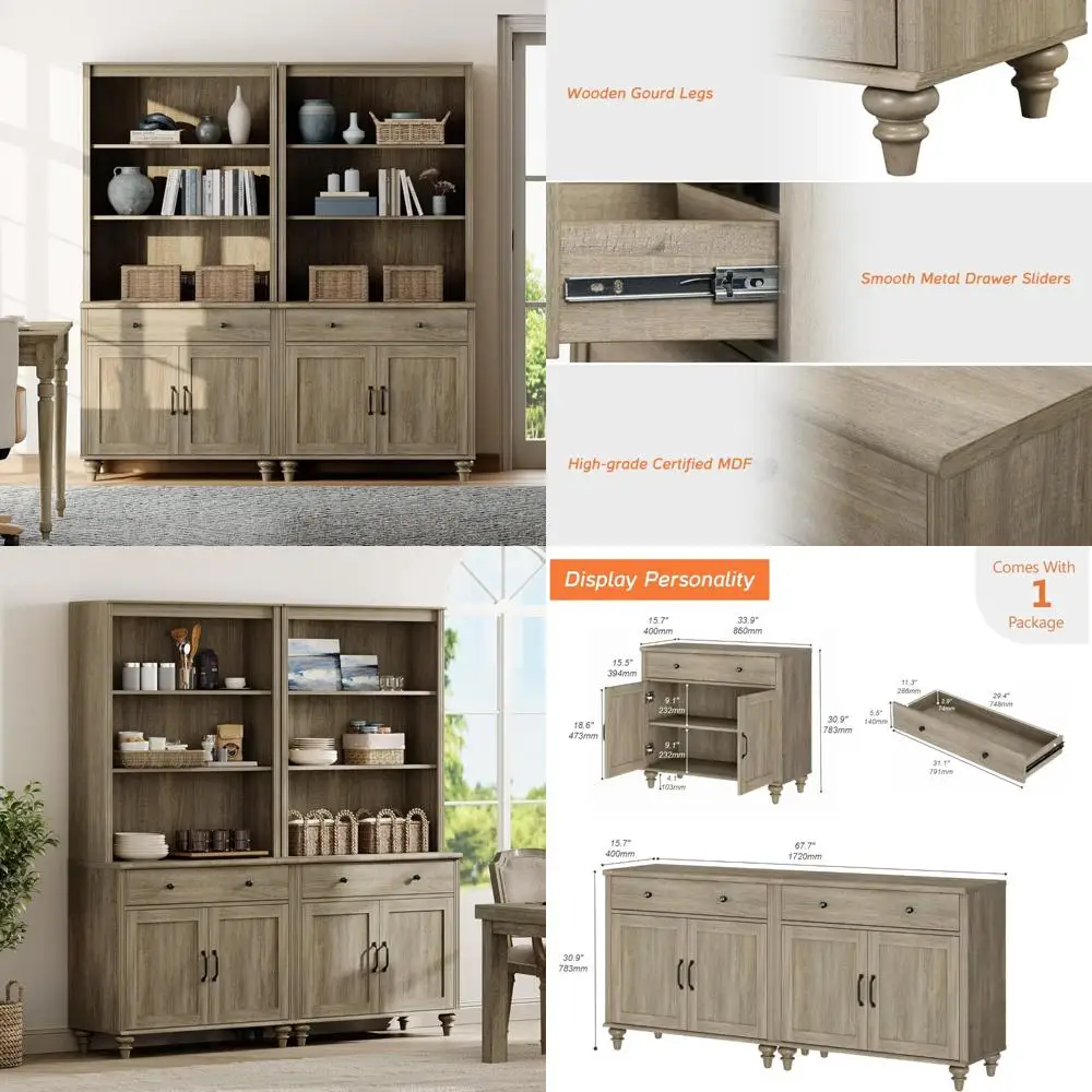 خزانة كتب كبيرة على طراز المزرعة بطول 72 طويلًا مكونة من 5 طبقات مع أبواب الحظيرة وخزانة تخزين ودرجين للعرض والتنظيم #1