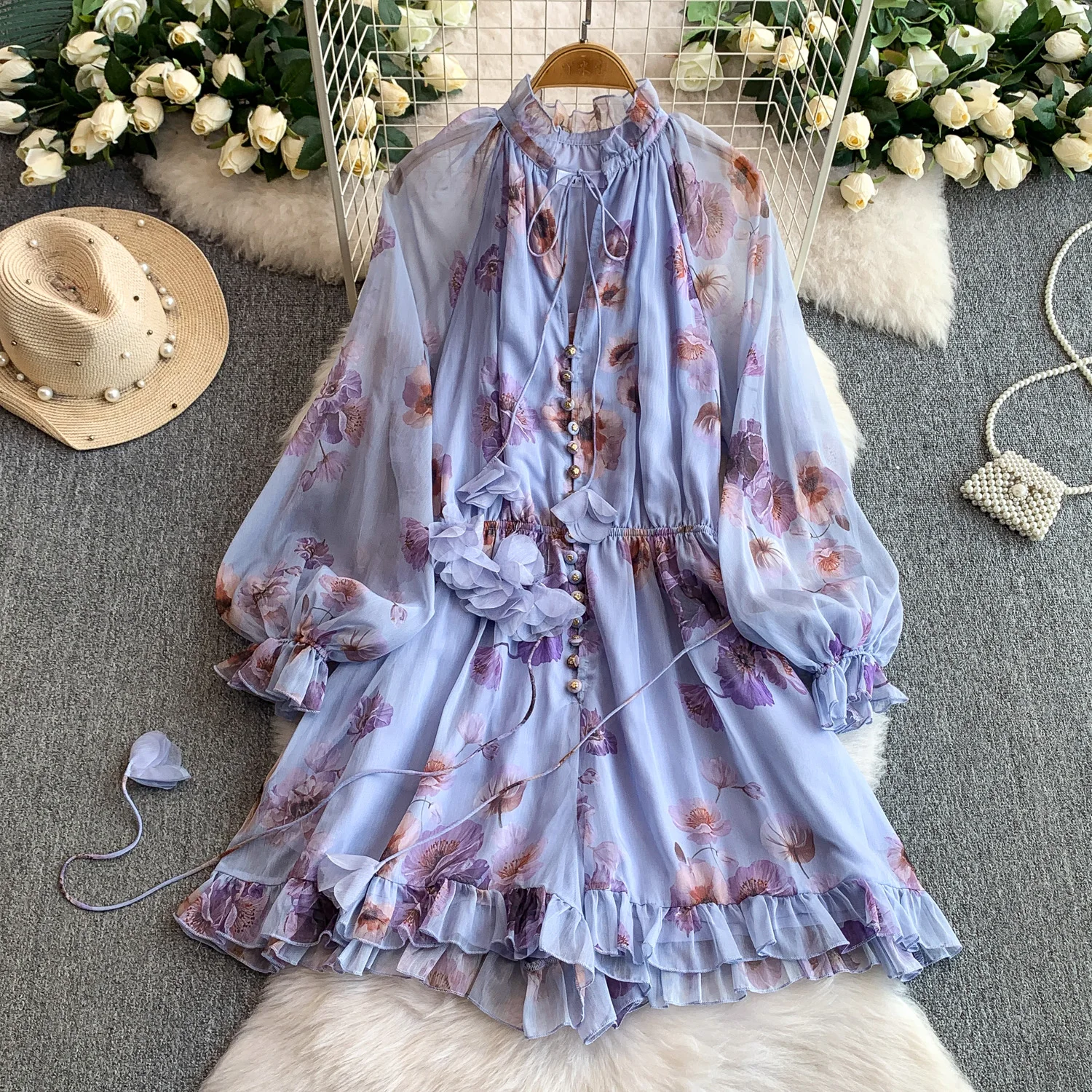 

Summer Autumn Elegant Short Playsuits for Women Floral Printed Ruffle Full Sleeve Bohemian Rompers Thin Lace Up Beach Vacation