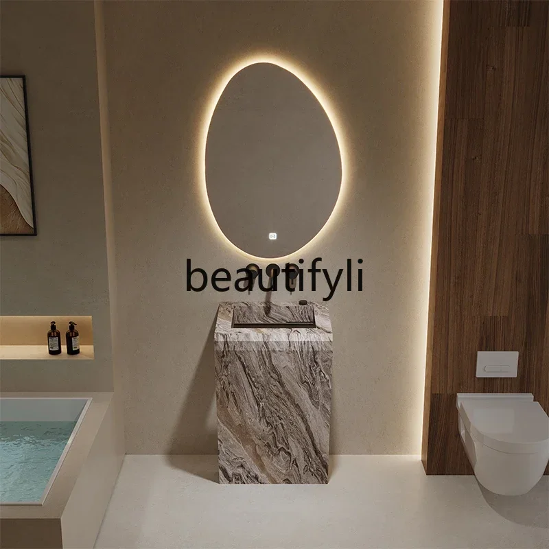 

Villa travertine rock slab column basin glass transparent outdoor courtyard wash basinEsmt163